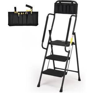 HBTower Step Ladder with Handrails, Folding Step Stool with Attachable Tool Bag & Anti-Slip Wide Pedal for Home Kitchen Pantry Office, Black