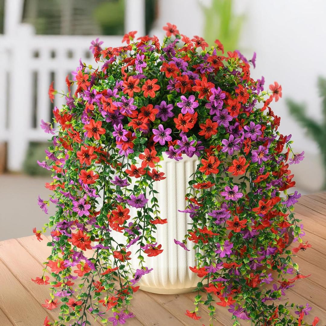 Artificial Hanging Flowers Plants for Outdoor Spring Summer Decoration,2 PCS Faux Silk Daisy with Eucalyptus Leaves,UV Resistant Look Real for Outside Home Planter Porch Patio Balcony Yard Decor (Red Purple)