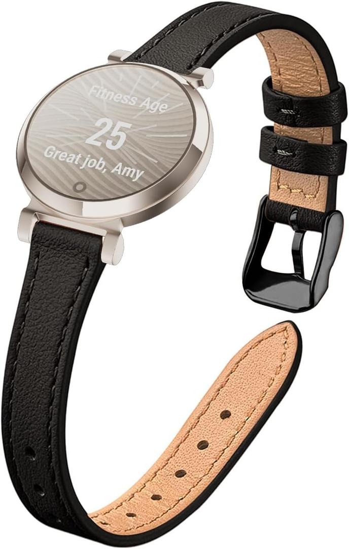 Slim Leather Band for Garmin Lily 2 Active Women, Top Grain Genuine Leather Strap Thin Watch Wristband (Black)