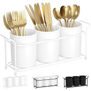 Lifewit Plastic Silverware Caddy with Metal Rack, Utensil Holder for Party, Cutlery Flatware Organizer for Kitchen Countertop, Forks Spoons Knives Storage for Picnic Camping Outdoor Buffet, White
