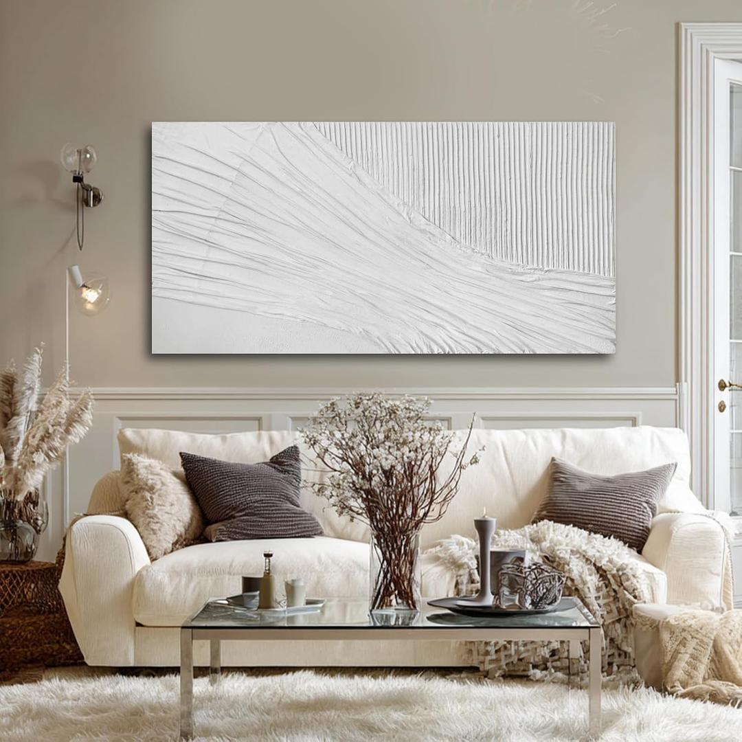 SHEYOYE White Textured Abstract Wall Art Canvas 24x48 Inch, Hand Painted Modern Wall Art, Minimalist Neutral Wall Decor, Canvas Wall Art for Living Room Bedroom, Gallery Wrapped Ready to Hang