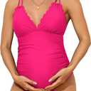 Charmo Scallop Trim Maternity Swimsuit One Piece V Neck Pregnancy Bathing Suit Ruched Swimwear Cutout Tie Back (Medium, Hot Pink)