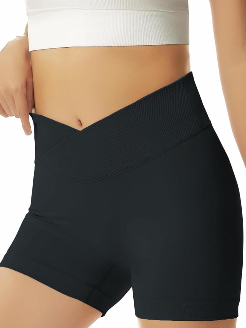 Girls Athletic Shorts Slim Tummy Control V Cross Waist Short Leggings Bike Dance Gymnastics Shorts (10-12 Years, Black)