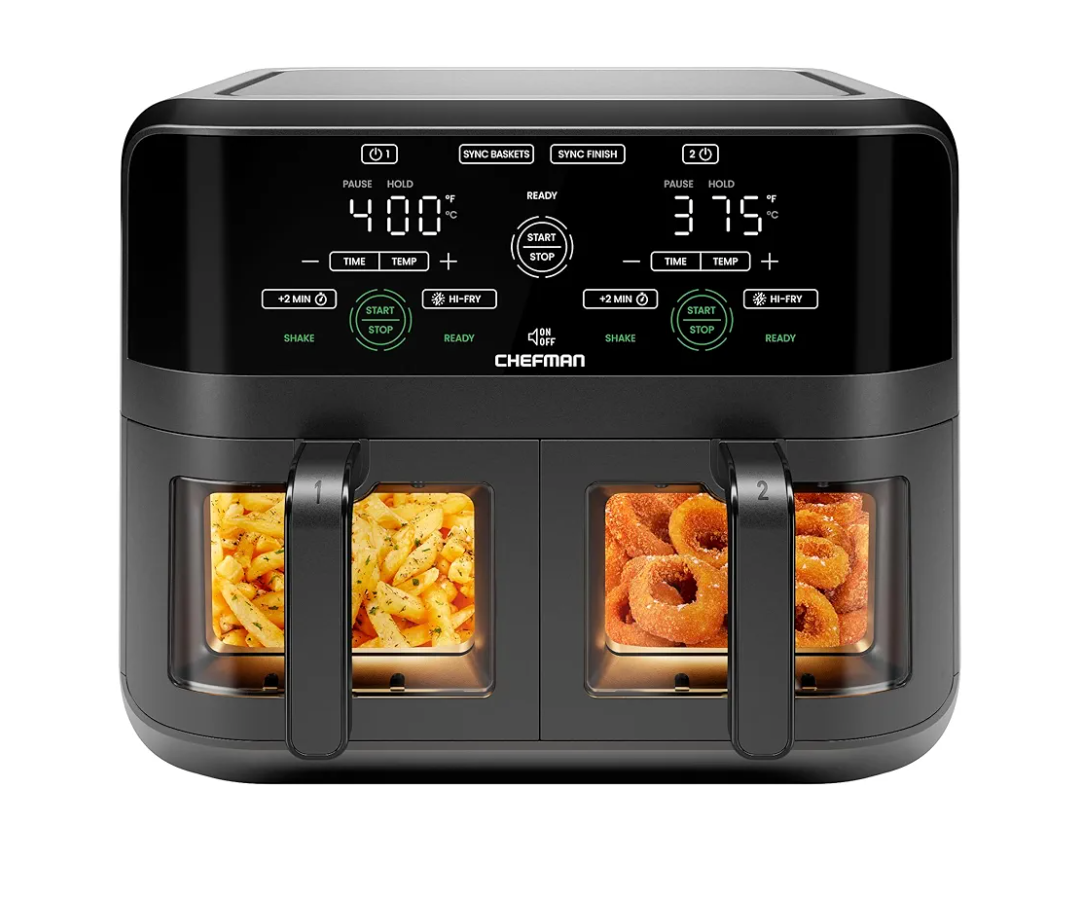 CHEFMAN 6 Quart Dual Basket Air Fryer Oven with Easy View Windows, Sync Finish, Hi-Fry, Auto Shutoff, 2 Independent 3Qt Nonstick Dishwasher Safe Frying Baskets, Digital Double Air Fryer - Black