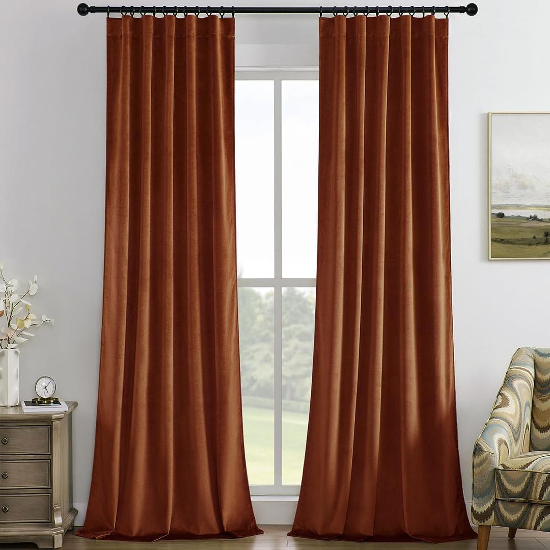 Timeper Burnt Orange Pleat Back Tab Velvet Curtains W42" x L84" inches 2 Panels, Room Darkening Solid Home Decor Curtains for Bedroom Living Dining Room Thermal Insulated Luxury Super Soft Window Drapes