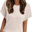 LILLUSORY Women Short Sleeve Top Dressy Casual Shirt Summer TextSweater (Beige, XL)