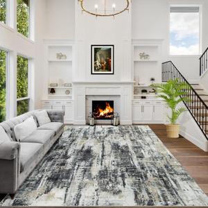8x10 Area Rugs Washable Rug: Large Modern Abstract Living Room Rug Soft Anti-Skid Thin Carpet Indoor Floor Non-Shedding Carpets for Bedroom Dining Farmhouse Nursery Home Office Black Grey Gold (8' x 10')