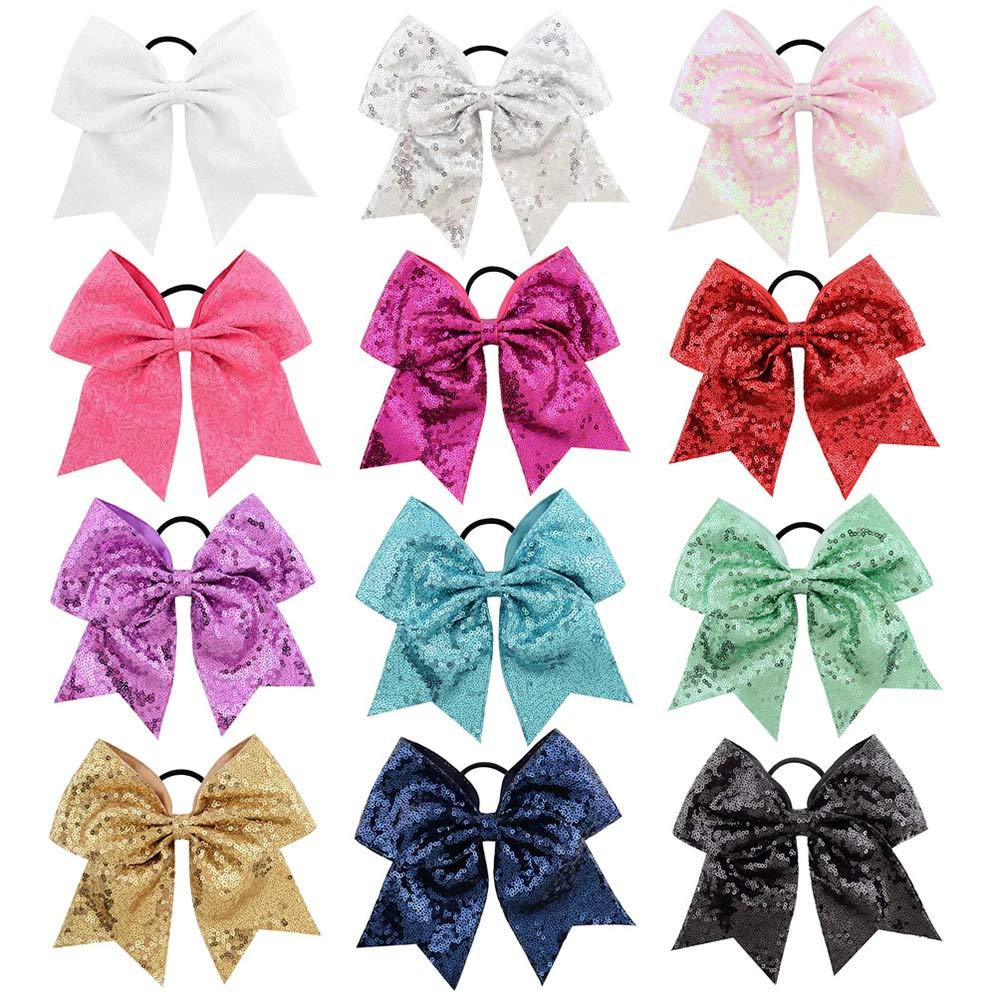 inSowni 12 Pack X-Large Big Glitter Sequin Cheer Bow Hair Ties Scrunchies Bands Ponytail Holders Elastics for Baby Toddlers Girls Women
