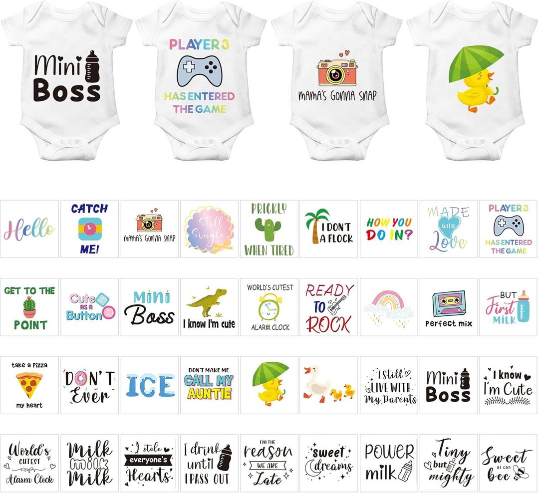 Teling 36 Pcs Iron on Decals Baby Shower Games Iron on Transfers Stickers Patches Baby Bodysuit Making Bibs Decorating Kit Patch Maker for Gender Reveal T Shirt(Funny)