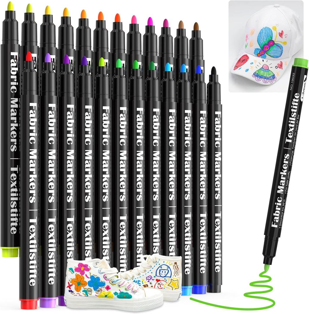 JR.WHITE Fabric Markers Permanent for T Shirts Baby Clothes Onesies Bibs White Pillow Canvas Tote Bags Clothing - No Bleed - Fine Tip - Child Safe & Non Toxic Fabric Paint Pens Set of 24 Colors