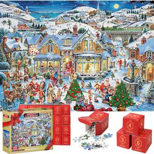 Puzzle Advent Calendar 2025-24 Box Christmas Countdown Surprise Jigsaw Puzzle, 1008 Pieces Family Game for Kids Adult, Decor 27.5 x 19.7 inches (Christmas Eve Street)