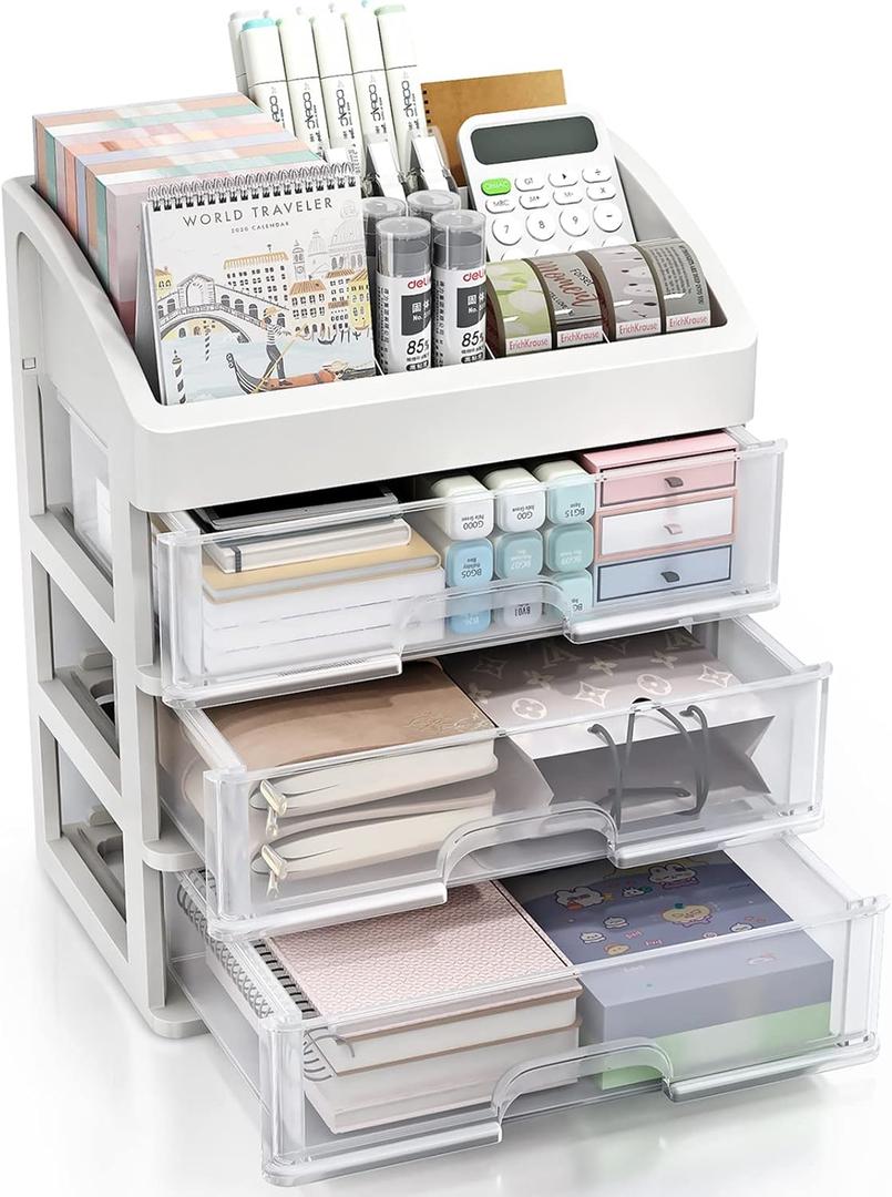 Desk Organizer with Drawers, 3 Drawer Desktop Plastic Storage, Clear Desktop Storage Drawers for Office Supplies, Make up Organizers