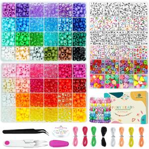 Dowsabel Friendship Bracelet Making Kit, Pony Kandi Beads & 11 Different Beads, 8 Colors Nylon Thread, DIY Jewelry & Craft Gifts for Girls Age 6-13(48 Colors)