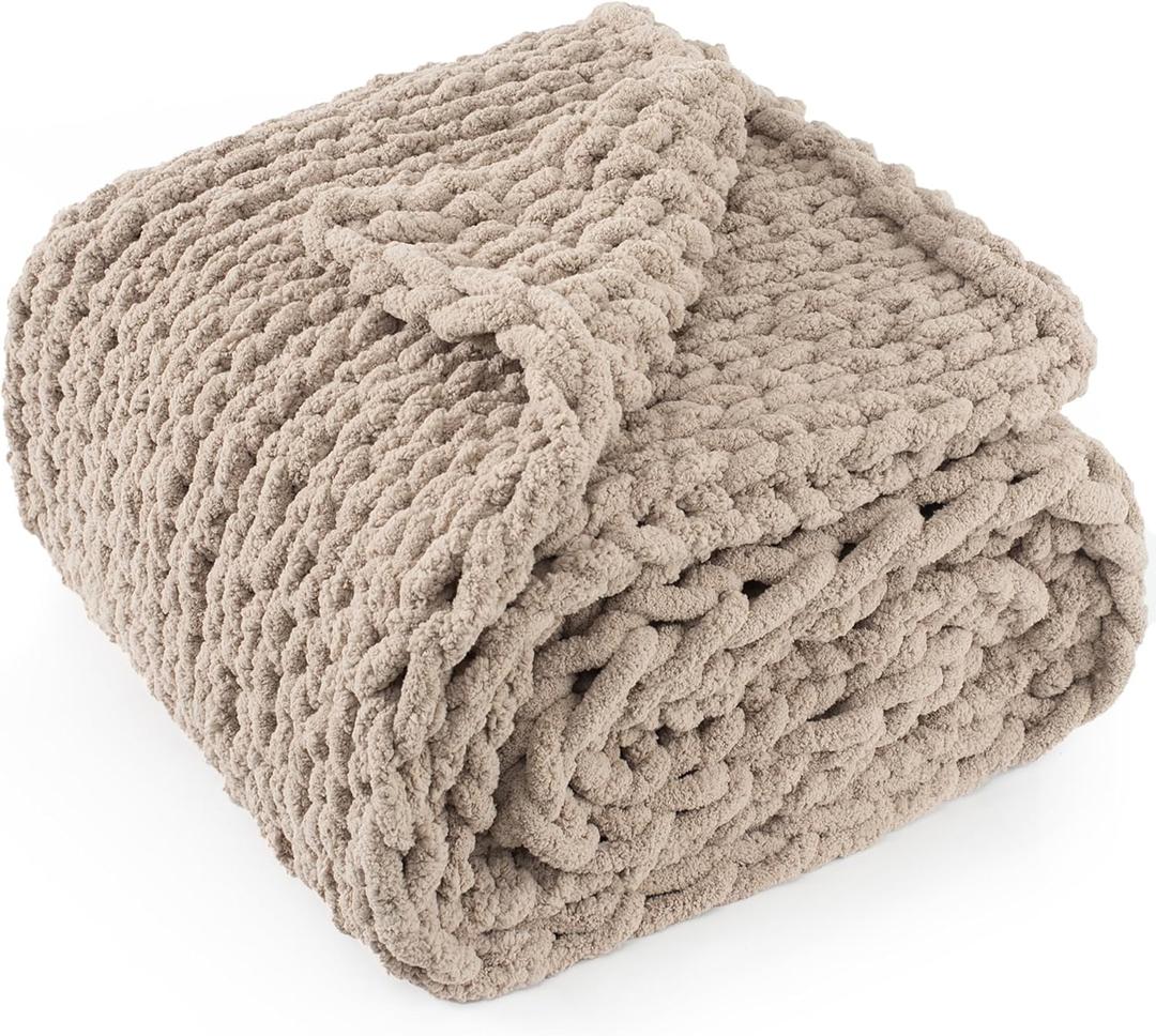Chunky Knit Throw Blanket 60"X 80", 100% Handmade with Soft Chenille Yarn, 6.7lbs Thick Cable Knitted Blankets, Large Rope Knot Crochet Throws for Couch Sofa Bed Home Decor, Taupe 
