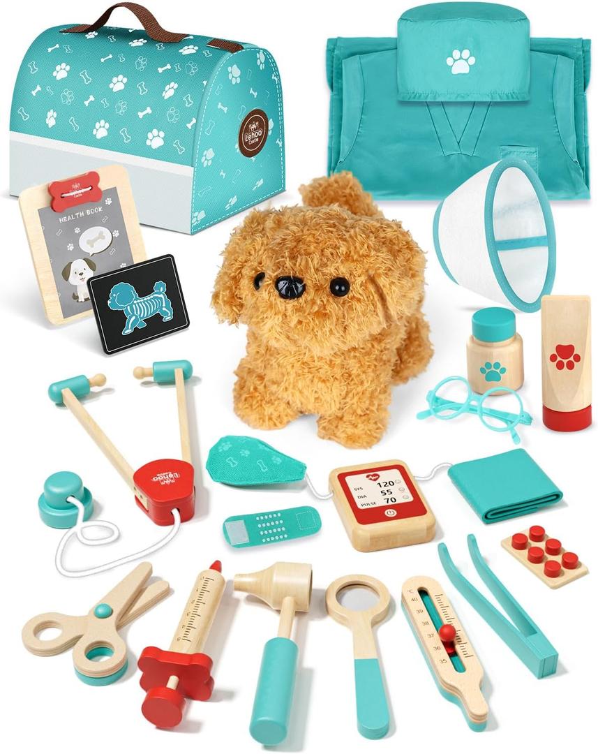 Lehoo Castle Wooden Doctor Kit for Toddlers 3-5 Girls Toys, Vet Toys for Kids, Pretend Play Doctor Set with Puppy, Stethoscope & Dress Up Costume Medical Accessories