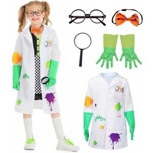Kids Mad Scientist Costume with Eyeglass Frames Bow Tie Gloves Magnifying Glasses 5Pc Kids Lab Coat Halloween Dress Up (2-4T)
