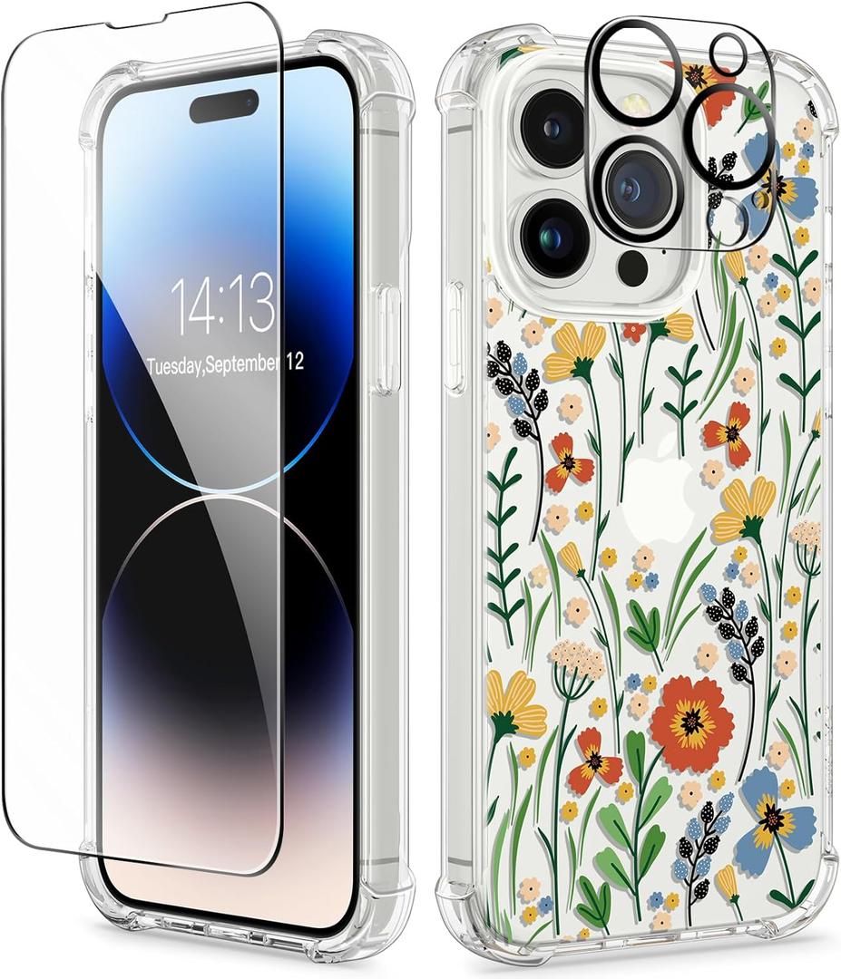 GVIEWIN for iPhone 14 Pro Max Case Floral, with Screen Protector&Camera Lens Protector,[Non Yellowing] Soft Shockproof Clear Phone Protective Cover for Women, Flower Pattern 6.7"(Blooming Flowerets)