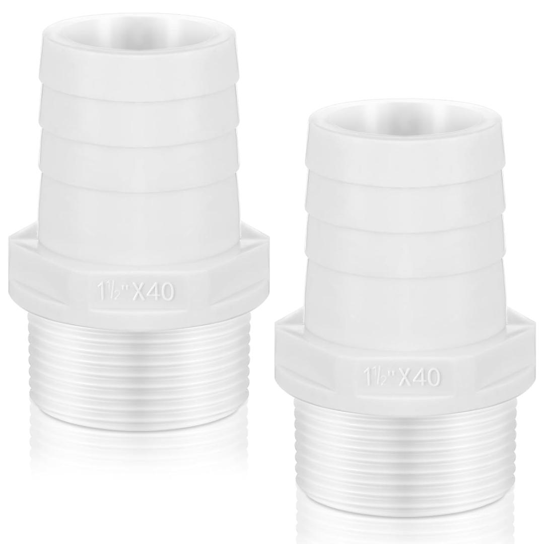 2 Pieces Pool PVC Fitting Tube Fitting Adapter Barbed Hose Fittings Barbed x NPT Male for Industrial Tube Portable Water Garden Kitchen Hose Swimming Pool Pump(1-1/2",White,2 Pcs)