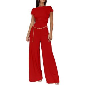XXTAXN Women's Caual Fashion Crew Neck Short Sleeve Ruched Waist Backless Tie Wide Leg Long Pant One Piece Jumpsuit (Red, L)