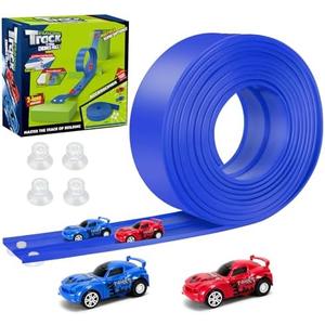 KETIEE Flex Tracks 16Ft for Kids: Flexible Race Car Ramp Track with 2 Small Racecars and 4 Suction Cups Compatible with Diecast 1/64th Cars, Rolls Up Portable Racetrack for Ages 3 & Up
