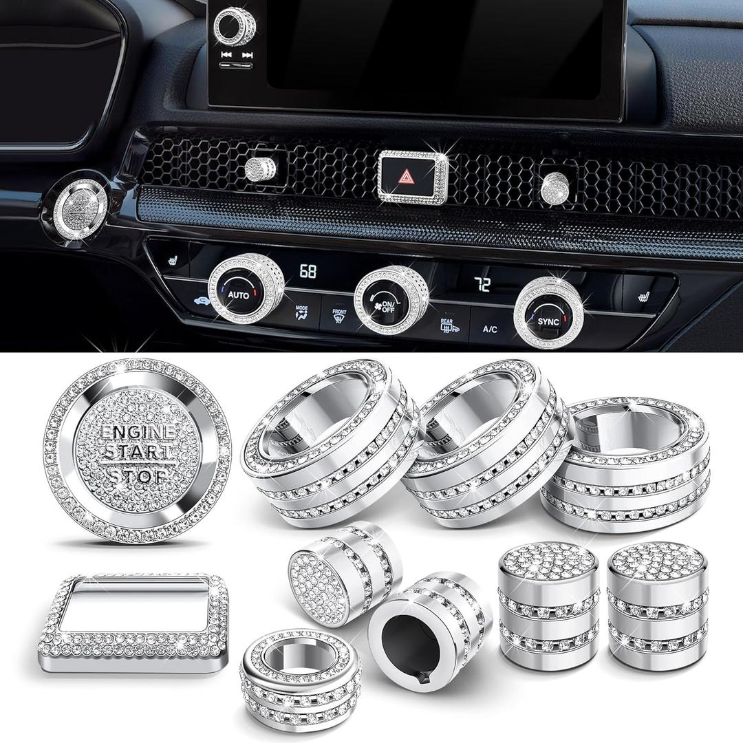 for Honda Civic 2022-2026 Accessories, CRV 2023-2026 & Acura Ingetra 2023-2025 (Fit 9" Screen/ 1 Audio Knob), 11pcs Knob Cover Kit - Hazard Light, Push Start, Audio, AC & Air Vent (Bling)