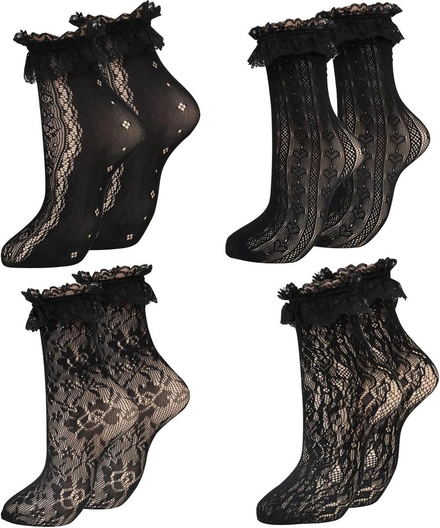 Womens Lace Ankle Socks Ruffle Frilly Socks,Mesh Lace Trim Lolita Sock,Cute Mesh Frilly Dress Sock for Women (Black)