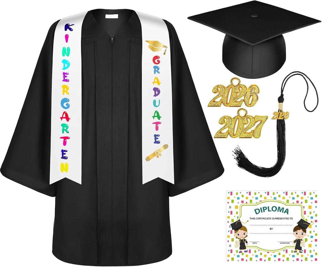 Lasnten Matte Kindergarten Graduation Gown Cap Tassel Set with 2026/2027 Charm Stole Accessories for Kids Grad Gift (Black, S)