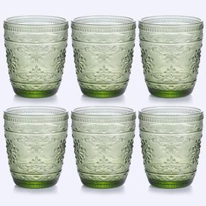 6Pcs Green Drinking Glassware, 10oz Drinking Glasses, Heavy Duty Glass Cups, Colored Embossed Glasses Set for Party Wedding Home Office Glassesware Gift