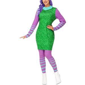 AOBUTE Women Halloween 2 Pcs Costume Outfits Long Sleeve Green Dress Purple Leggings (XX-Large)
