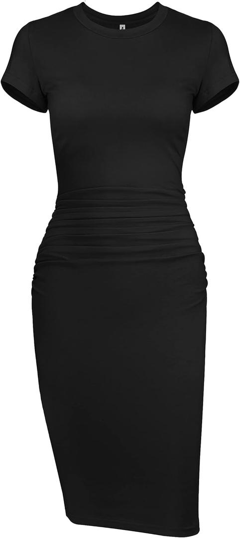 Ruched Bodycon Midi Tshirt Dress - Missufeintl Women's Casual Short Sleeve Fitted Sundress (Black, X-Small)