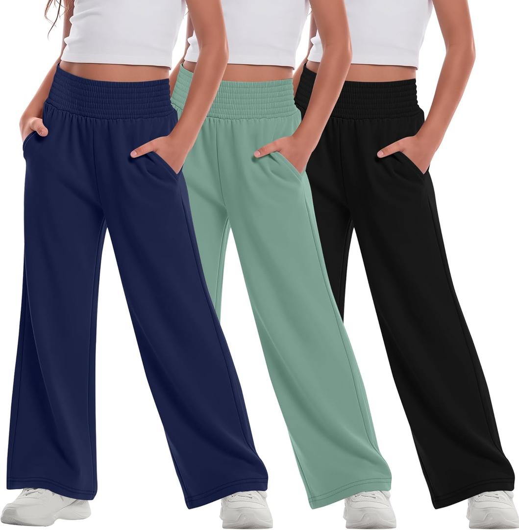 3 Pack Girls Flowy Wide Leg Pants Summer Lightweight Pants High Elastic Waist Loose Uniform Trousers for 13-14y Kids (Black, Gray Green, Navy Blue)