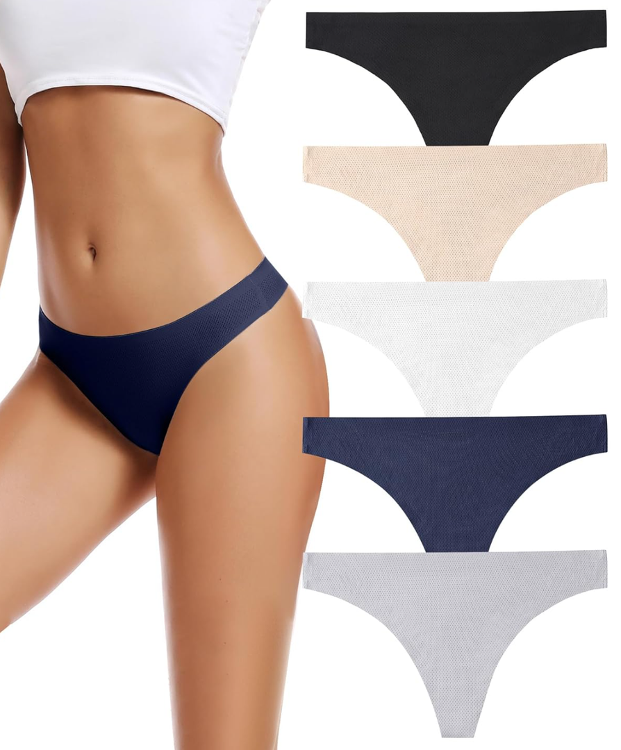 Voenxe Seamless Women Underwear Thongs, No Show Ladies Thong, No Line Workout Breathable Comfortable Panties, Soft Undies,5-Pack S Size