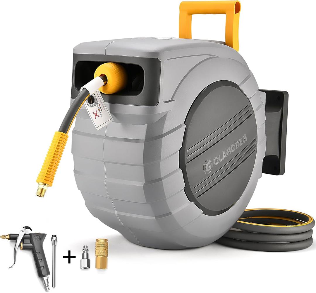 Air Hose Reel 100 Ft Retractable, 3/8 in x 100 Ft Hybrid Hose Air Compressor Hose Reel with 6 Ft Lead in Max 300 PSI Patented Design for Any Length Lock 180Swivel Bracket Quick Coupler