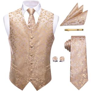 Mens Victorian Vest Tie Set Silk Paisley Suit Vests Formal Waistcoat Gothic Steampunk Vest with Notched Lapels (Small, Beige Light Pink)