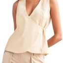 Womens Wrap Vest Tops Trendy Summer Going Out Business Casual Top Sleeveless V Neck Self Tie Waist Cami Shirts Large, Beige