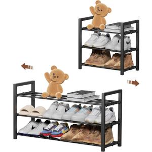 3-Tier Expandable Shoe Rack, Adjustable Shoe Shelf Storage Organizer Heavy Duty Metal Free Standing Shoe Rack for Entryway Closet Doorway (Black)