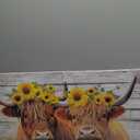 Highland Cow Canvas Wall Art Farmhouse Animal Painting Sunflower on Cow Head Picture Wood Background Poster Artwork for Bathroom Home Office Decor Framed - 16.00"x24.00"