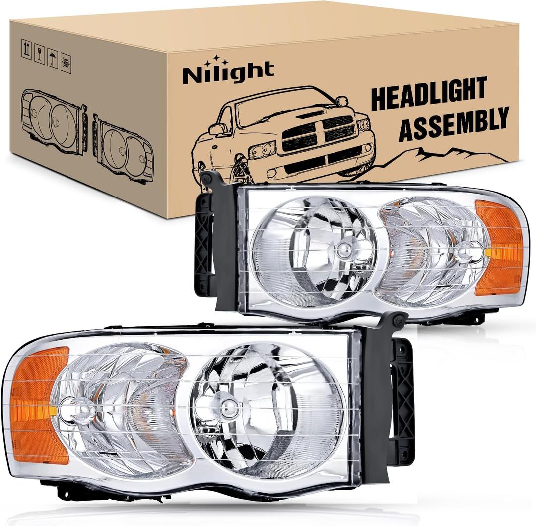 Nilight 2002 2003 2004 2005 Ram 1500 2500 3500 Headlight Assembly Chrome Housing Amber Corner Clear Lens Headlamp Replacement Driver and Passenger Side (Pack of 2)