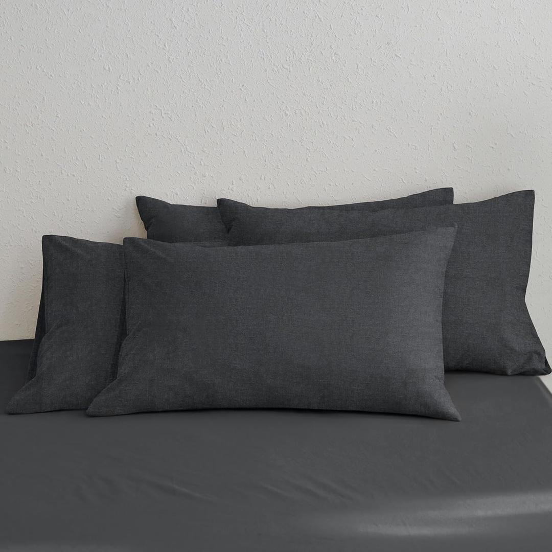 MooMee Bedding Pillowcases Pack of 4 100% Washed Cotton Linen Like Textured Breathable Durable Soft Comfy (Heathered Dark Grey, Queen)