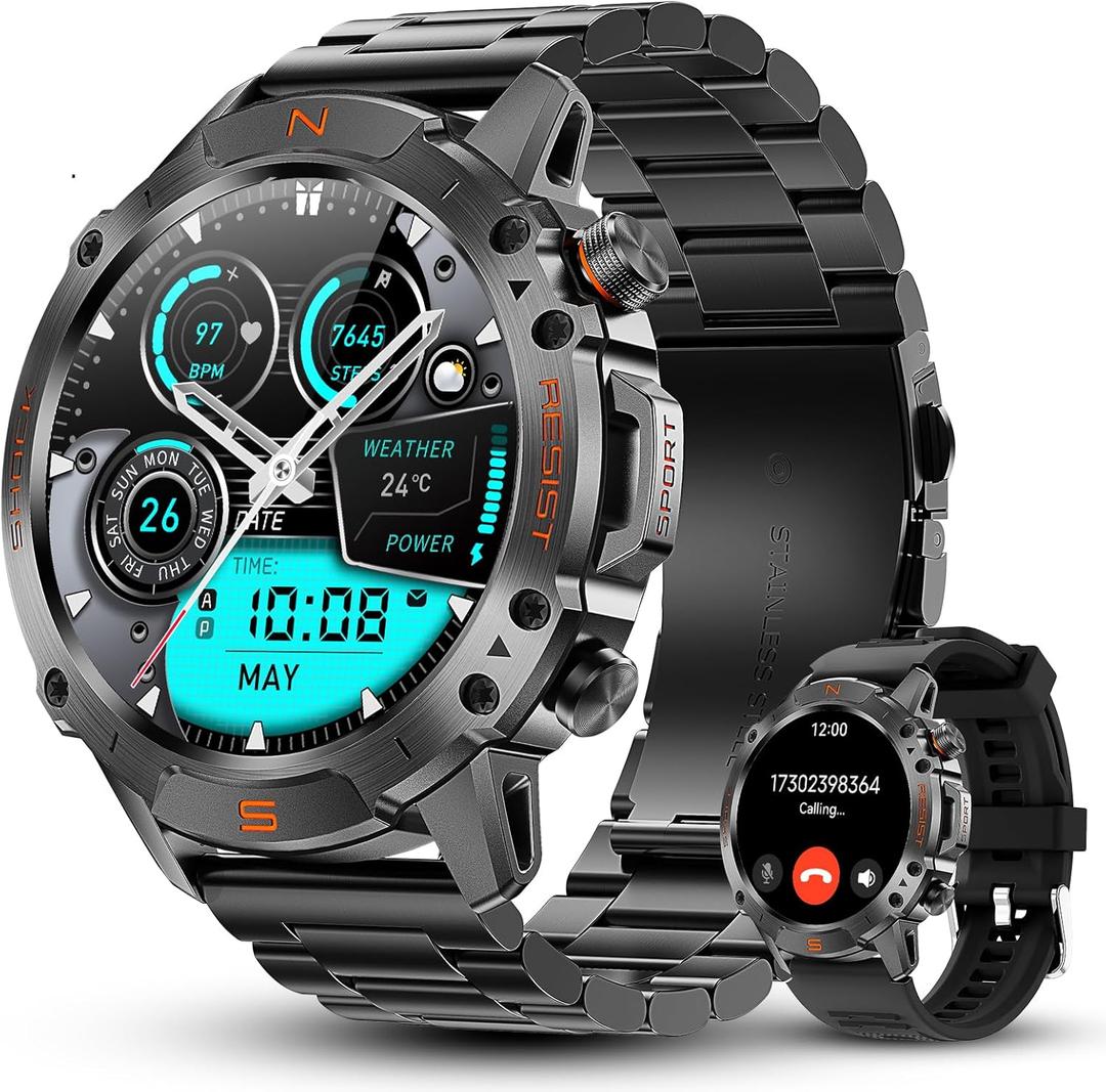WalkerFit Military Rugged Smart Watch for Men 1.43" AMOLED Smartwatch,Alway-on,3ATM Waterproof for Swim,Accurate HR Sleep Monitor,Bluetooth Call Fitness Watch for iPhone Andriod Compatible,Steel Band (Black Stainless Steel)