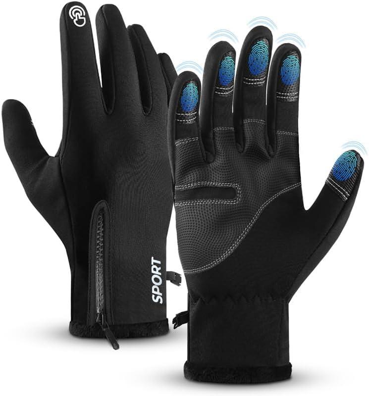 AURUZA Winter Gloves Men Women, Zipper Cycling Gloves Touch Screen, Windproof Warm Gloves Cold Weather, Anti-Slip Gloves (Large, Black)