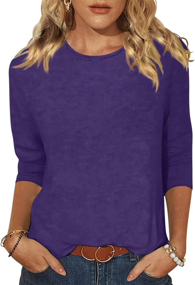 EADINVE Women's Casual 3/4 Sleeve T-Shirts Round Neck Cute Tunic Tops Basic Tees Blouses Loose Fit Pullover (Purple, L)