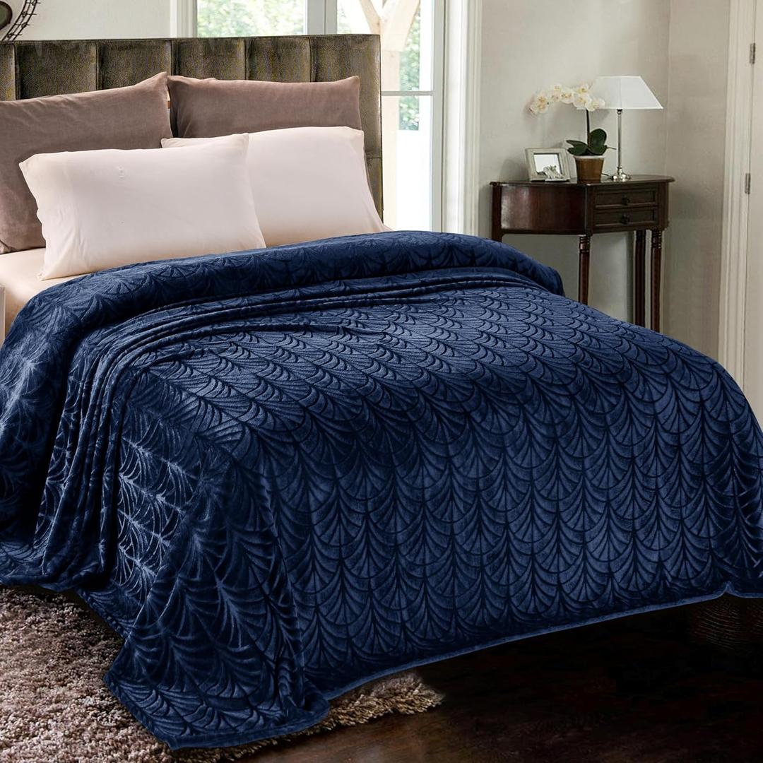 Whale Flotilla Flannel Fleece Queen Size Blanket for Bed, Soft Fluffy Velvet Bedspread Coverlet, Decorative Vintage Pattern, Cozy Warm Lightweight for Spring Summer, 90x90 Inch, Navy Blue