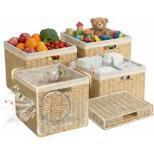 4PC Foldable 13 x 13 Storage Baskets, Handwoven Paper Rope with Reinforced Structure, Removable Liner, No Sharp Edges, Odor-Free, for Nursery, Living Room, Closet, Bedroom, Shelves