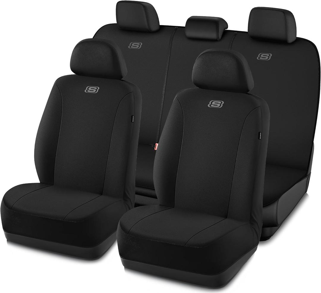 Skechers Seat Covers, Premium Breathable Polyester Car Seat Covers, Car Seat Covers Full Set Airbag Compatible, Automotive Comfort for Most Cars, Vans, Trucks, SUVs (Full Set, Black)