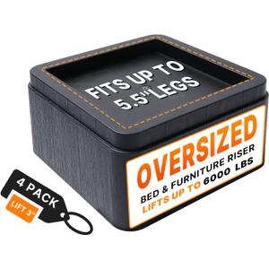 Bed Risers, Oversized Furniture Risers Fit Up to 5.5" Legs, 3 inch Raise Blocks for Bed Couch Desk Sofa Table Lifts, Furniture Legs Lifters Support up to 6000 Lbs (Black, 4 Pack Set)