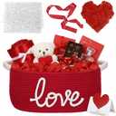Colingmill Valentine's Day Woven Gift Basket with Bags Ribbon Gift Artificial Silk Rose Petals to Fill Decor Small Baskets for Wedding Birthday Anniversary, 13" d x 9" w x 6" hm (Red)