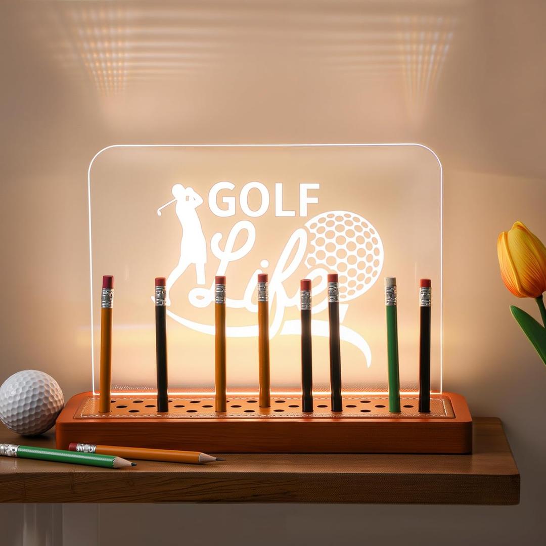Weysat Light Up Golf Pencil Display Holder Wood Acrylic Golf Pencil Display Case Storage 35 Slots with Warm White Lights for Home Office Desk Galleries Decor Christmas Sports Gift Dad Grandpa Birthday