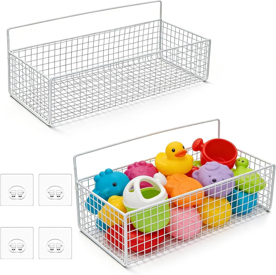 Bath Toy Storage, 2 Pack Metal Mesh Bath Toys Organizer for Bathtub Wall & Shower, Large Capacity Shower Toys Holder with Rustproof Hanging Basket Design for Restroom, Toilet, Bathroom, Kitchen-White