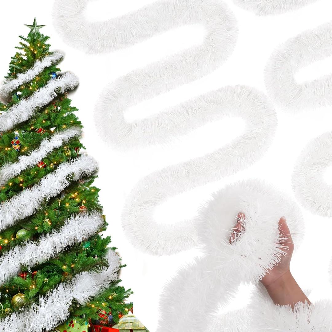 Ceenna 89FT Christmas Tree Tinsel Garland Christmas Metallic Streamers Twist Garland Hanging Decorations for Holiday New Year Wedding Birthday Party Indoor Outdoor Supplies(White)